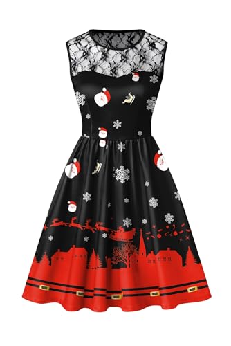 BesserBay Weihnachten Damen Kleid Ärmellos Knielang Spitzenkleid Party Swing Druck Weihnachtskleid XL von BesserBay