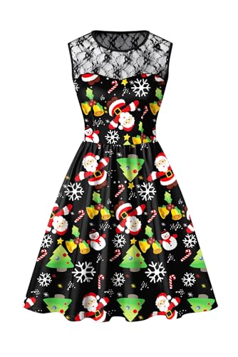 BesserBay Weihnachten Damen Kleid Ärmellos Midikleid Spitzenkleid Party Swing Druck Weihnachtskleid XL von BesserBay