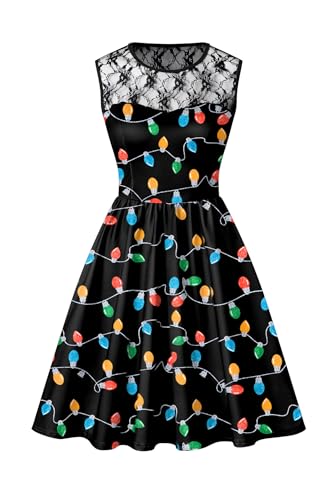 BesserBay Weihnachten Damen Kleid Partykleid Druck Spitzenkleid Ärmellos Party Swing Weihnachtskleid XXL von BesserBay