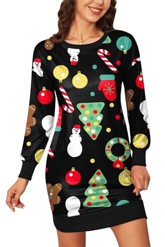 BesserBay Weihnachten Damen Weich Kleid Rundhals Langarm Lustige Christmas Midikleid Weihnachtsbaum XL von BesserBay