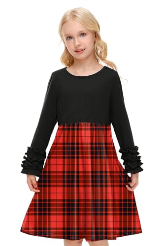 BesserBay Weihnachten Mädchen Casual Rundhals Kleid Party Kariert Süßer Christmas Weihnachtskleid Schwarz 150 von BesserBay