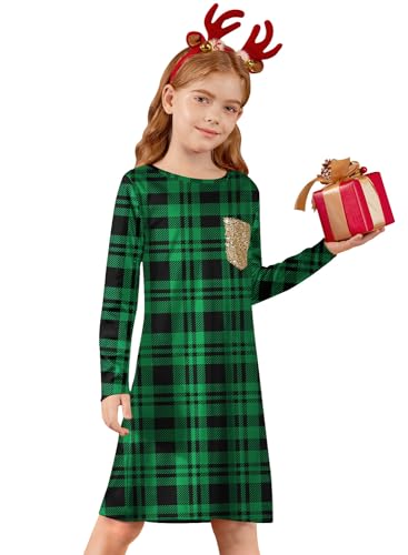 BesserBay Weihnachten Mädchen Casual Rundhals Kleid Süßer Christmas Kariert Party Weihnachtskleid Grün 110 von BesserBay