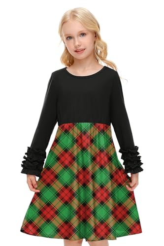 BesserBay Weihnachten Mädchen Casual Rundhals Kleid Süßer Christmas Kariert Party Weihnachtskleid Schwarz 130 von BesserBay