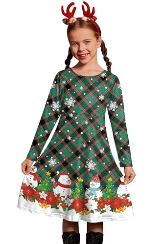 BesserBay Weihnachten Mädchen Festliches Lang Ärmel Kleid Kariert Party Süßer Christmas Weihnachtskleid Schneemann 130 von BesserBay