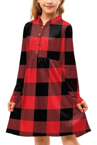 BesserBay Weihnachten Mädchen Rüschen Stehkragen Casual Kleid Festlich Freizeitkleid Rot Schwarz Karo 110 von BesserBay