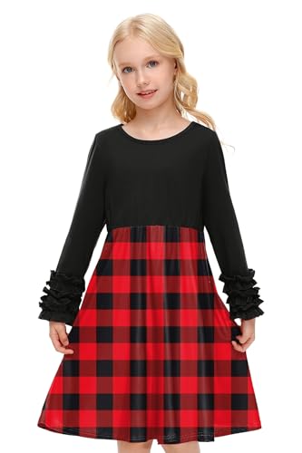 BesserBay Weihnachten Mädchen Rundhals Casual Kleid Kariert Party Süßer Christmas Weihnachtskleid Schwarz 140 von BesserBay