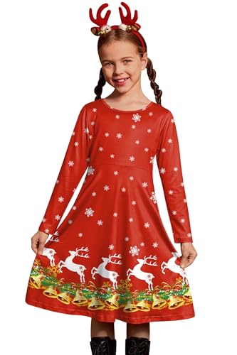 BesserBay Weihnachten Mädchen Xmas Weich Partykleid Christmas Süßer Lang Ärmel Weihnachtskleid Elch 110 von BesserBay