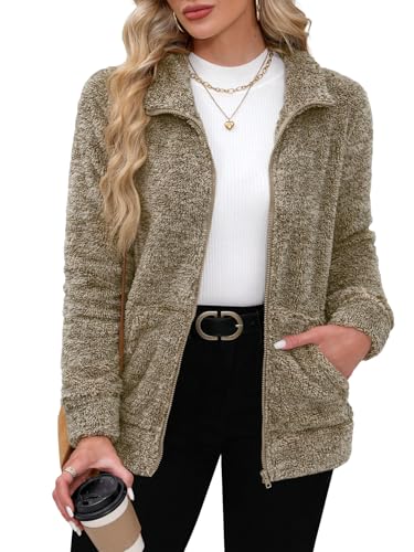 BesserBay Winter Damen Casual Taschen Reißverschluss Warm Fleece Jacke Weich Outdoor Lässig Plüschjacke Coffee M von BesserBay