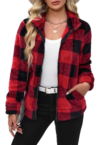 BesserBay Winter Damen Casual Warm Taschen Reißverschluss Teddyfleece Jacke Alltag Sweatjacke Rot Schwarz Karo M von BesserBay