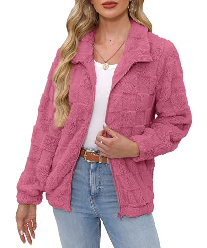 BesserBay Winter Damen Mit Reißverschluss Umlegekragen Warm Fleece Jacke Weich Fashion Herbst Plüschjacke Rosa S von BesserBay