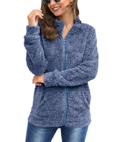 BesserBay Winter Damen Mit Reißverschluss Warm Fleece Jacke Weich Outdoor Bequem Plüschjacke Blau XL von BesserBay
