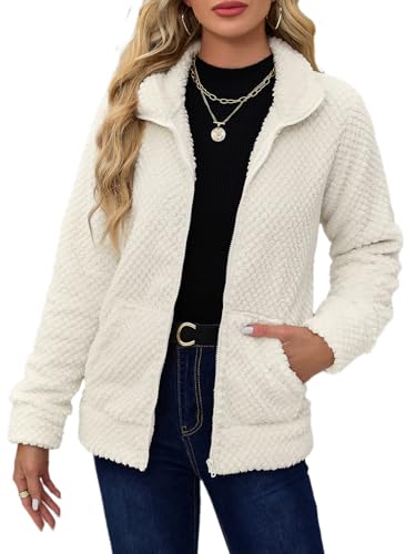 BesserBay Winter Damen Taschen Reißverschluss Casual Warm Teddyfleece Jacke Alltag Fashion Herbst Sweatjacke Weiß XXL von BesserBay