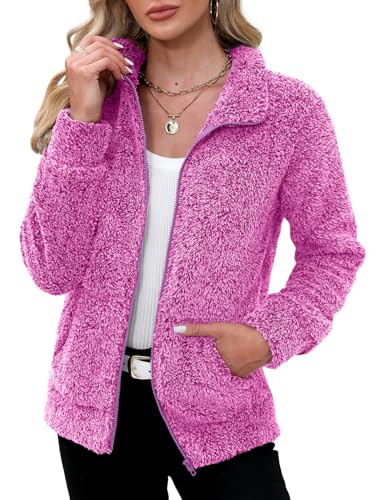 BesserBay Winter Damen Taschen Reißverschluss Casual Warm Teddyfleece Jacke Alltag Herbst Sweatjacke Rosenrot XXL von BesserBay