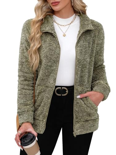 BesserBay Winter Damen Taschen Reißverschluss Stehkragen Casual Teddyfleece Jacke Fashion Sweatjacke Kaki S von BesserBay