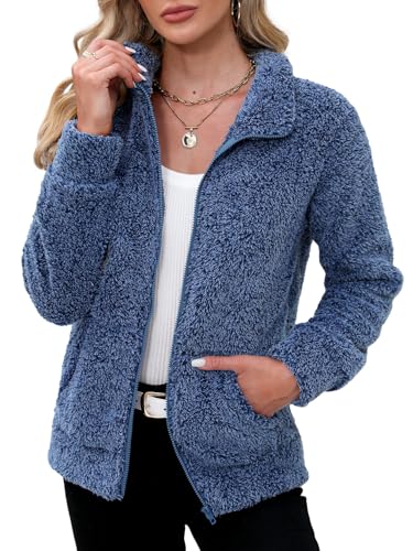 BesserBay Winter Damen Taschen Reißverschluss Warm Stehkragen Teddyfleece Jacke Weich Sweatjacke Blau XXL von BesserBay