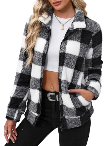 BesserBay Winter Damen Warm Casual Stehkragen Teddyfleece Jacke Lässig Weich Alltag Sweatjacke Schwarz Weiß Karo XL von BesserBay