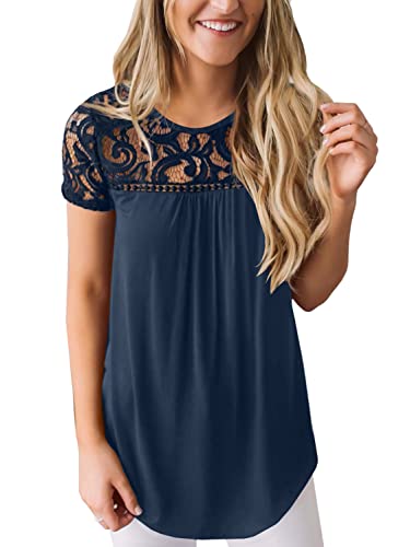 BesserBay Women Elegante Bluse mit Rundem Ausschnitt Aus Baumwolle Kurzärmiges T-Shirt Baumwollshirt Spitzenshirt Navy S von BesserBay