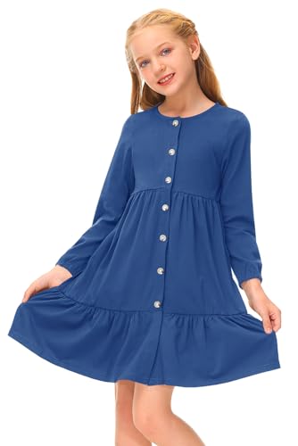 BesserBay mit Tasche Schulkleidung Prinzessin Kleider Für Mädchen Kinderkleider Mädchen Baumwolle Musselin Kleid Langarm Blau 110 von BesserBay