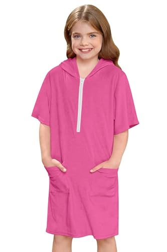 BesserBay Mädchen Badeponcho Kinder Unisex Badeponcho Rosa Reißverschluss Seitentaschen mit Kapuze Surf Poncho 120 von BesserBay