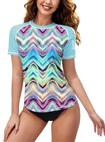 Dame Kurz Arme Bademode Surf Mit Blatt Printing Uv Shirt Sonnenschutz UPF 50+ C7 L von BesserBay