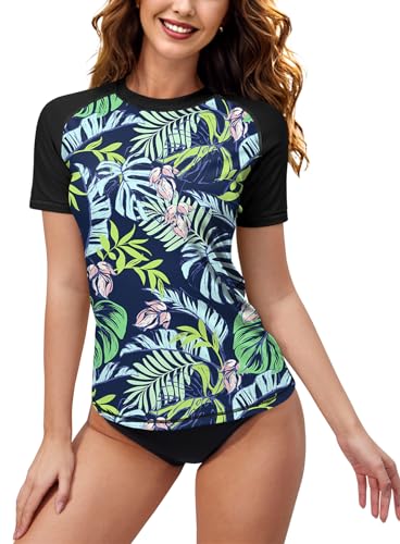 Damen Kurzarm Badeanzug Surfen Mit Blätter Muster Uv Shirts Sonnenschutz UPF 50+ A6 XL von BesserBay