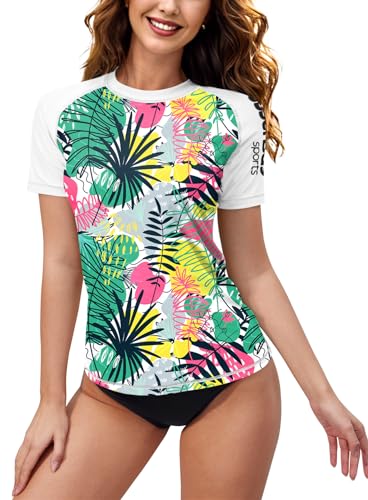 Damen Kurzarm Uv Shirts Schwimm Mit Tropen Print Bademode Sonnenschutz UPF 50+ C3 XL von BesserBay