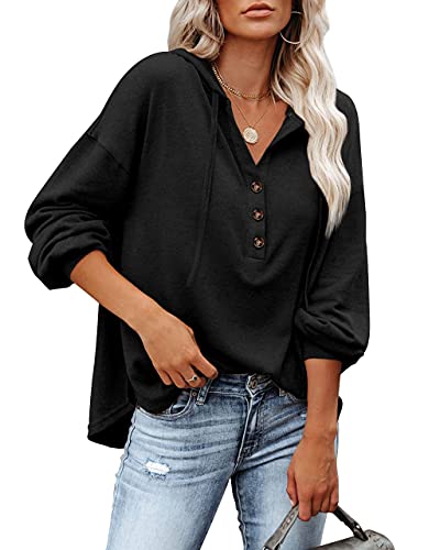 Damen Loose Langarm-Shirt mit Schicken Knöpfen und Bündchen Schwarz M von BesserBay