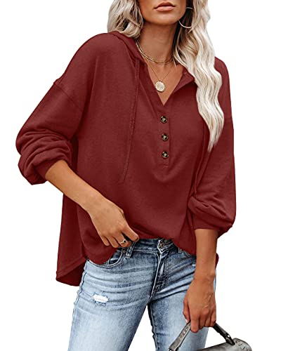 BesserBay Frauen Oberteile Süßes Langarm Shirt mit Tief V-Neck für Frühling und Herbst Fallend Rot Pullover S von BesserBay