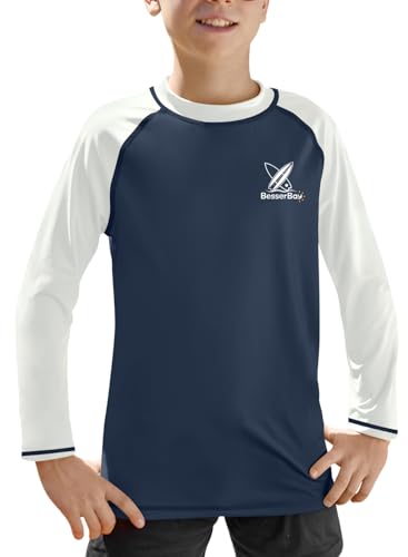 BesserBay Kinder Langarm UV Shirt UPF 50+ Schnelltrocknend Sonnenschutz Rashguard Navy blau Weiß 120 von BesserBay