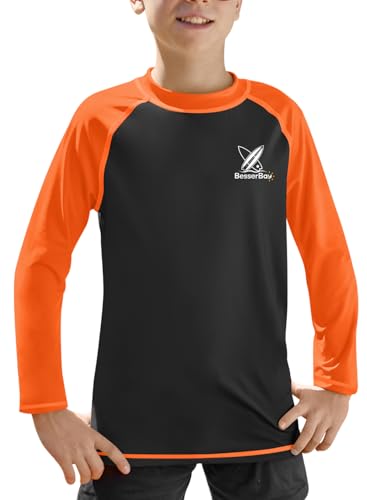 BesserBay Kinder Rundhals UV Shirt UPF 50+ Schnelltrocknend Sonnenschutz Rashguard Schwarz Orange 120 von BesserBay