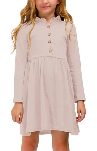 Mädchen Herbst Kleid Langarm Rüsche Kragen A-Linie Freizeitkleid mit Knopf Rosa 150 von BesserBay