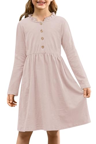 BesserBay Mädchen Langarm Midikleid mit Knopf Süß Rüsche Kragen Freizeitkleid Rosa 150 von BesserBay