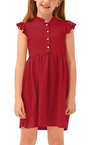 BesserBay Mädchen Girls Ärmellos Unifarben Kleider mit Flügel Ärmel und Knöpfe A-line Midikleid für Sommer Rot 116 von BesserBay