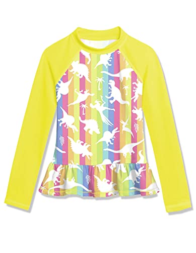 BesserBay Mädchen Druck Badeanzug UV Shirt Gelb Langarm UPF 50+ Sonnenschutz Rüschensaum Rash Guard 120 von BesserBay