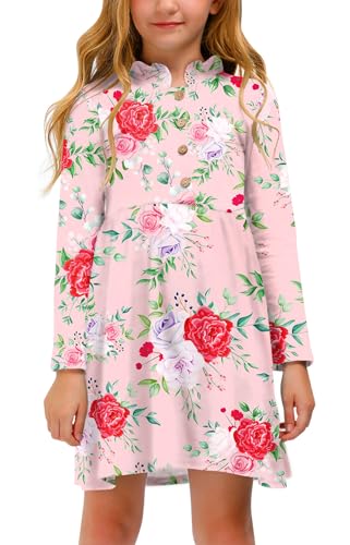 Mädchen Herbst Kleid Rüsche Kragen Langarm A-Linie Freizeitkleid mit Knopf Rosa und Blumen 120 von BesserBay