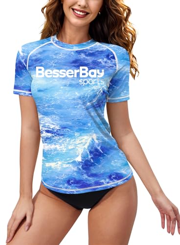 Rash Guard Damen Badeshirt Schnell Trocknend Schwimmshirt Stehkragen Kurzarm Sonnenschutz Surfshirt UV Shirt C2 38 EU/Medium von BesserBay