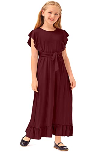 Süß Rüschenarm A-Linie-Kleid für Mädchen Figurbetontes Oberteil Volant Burgundy 120 von BesserBay