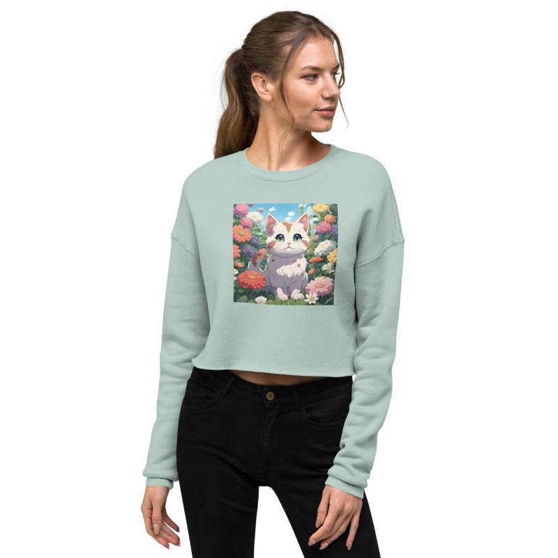 Cat - Crop-Sweatshirt | Niedlicher Katzen Pullover Blumen Airlume Baumwolle Polyester Fleece Damen Cropped von BesserIstDE