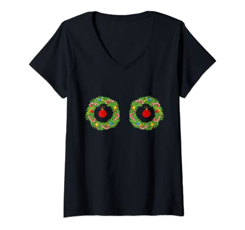 Damen Lustiger Weihnachtskranz, Boobies, lustiger Weihnachtskranz T-Shirt mit V-Ausschnitt von Best Boobie Holiday Tees