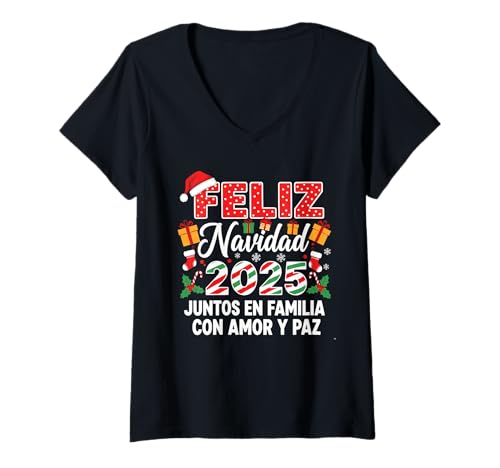 Damen Frohe Weihnachten 2025 Familie Liebe Frieden T-Shirt mit V-Ausschnitt Damen Frohe Weihnachten 2025 Familie Liebe Frieden T-Shirt mit V-Ausschnitt von Best Christmas 2025 Family Matching Tees