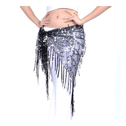 Best Dance Damen Hüft-Schal in Dreieck-Form mit Pailletten und langen Fransen, Wickel-Netz-Rock mit Bund, schwarz von Best Dance