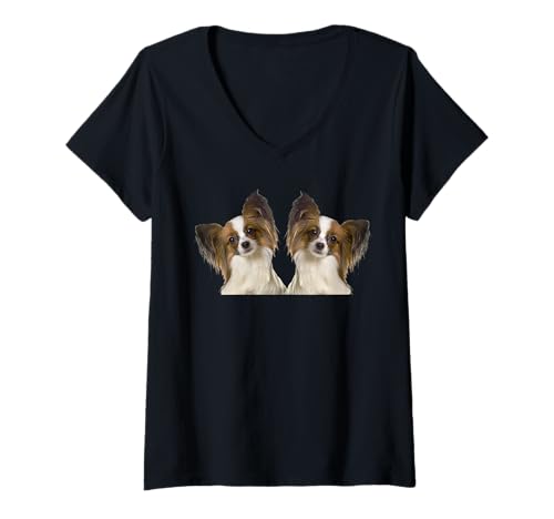 Damen Papillon Hunderasse Zwei süße Papillon-Hunde T-Shirt mit V-Ausschnitt Damen Papillon Hunderasse Zwei süße Papillon-Hunde T-Shirt mit V-Ausschnitt von Best Dog Design Apparel Company