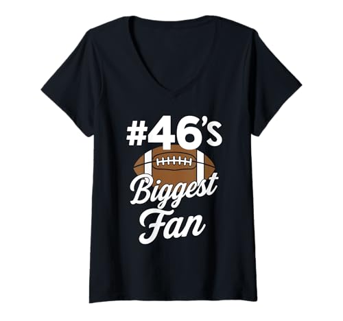 Damen Nummer 46 Biggest Fan Fußball Mama Frau Supporter Sohn Cheer T-Shirt mit V-Ausschnitt von Best Football Fan Number Tees