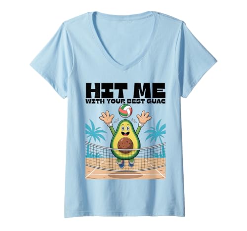 Damen Hit Me With Your Best Guac Lustiges Volleyball-Design T-Shirt mit V-Ausschnitt Damen Hit Me With Your Best Guac Lustiges Volleyball-Design T-Shirt mit V-Ausschnitt von Best Guac Avocado Volleyball Beach Pun