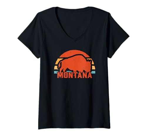 Damen Montana-Bison im Retro-Look T-Shirt mit V-Ausschnitt Damen Montana-Bison im Retro-Look T-Shirt mit V-Ausschnitt von Best Montana Apparel