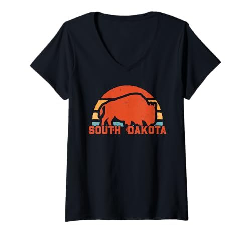 Damen Retro-Bison aus South Dakota T-Shirt mit V-Ausschnitt von Best South Dakota Apparel