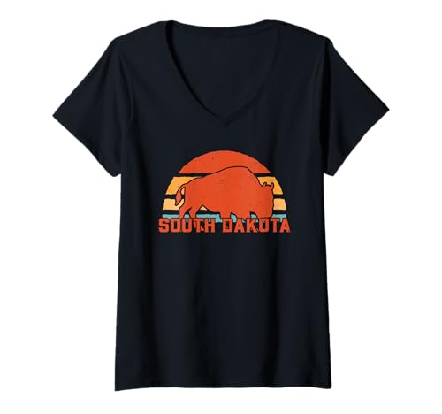 Damen Retro-Bison aus South Dakota T-Shirt mit V-Ausschnitt von Best South Dakota Apparel