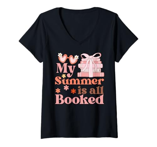 Damen My Summer Is All Booked Retro Summer Book Lover Damen Mädchen T-Shirt mit V-Ausschnitt von Best Summer Gifts Seasonal
