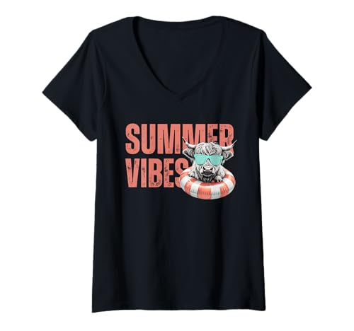 Damen Summer Vibes Lustiger Highland Cow Pool Float Beach T-Shirt mit V-Ausschnitt von Best Summer Gifts Seasonal