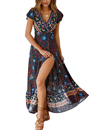 Bestgift Damen Boho Maxikleid Blumen Lange Sommerkleider mit Schlitz DunkelBlau XL von Bestgift